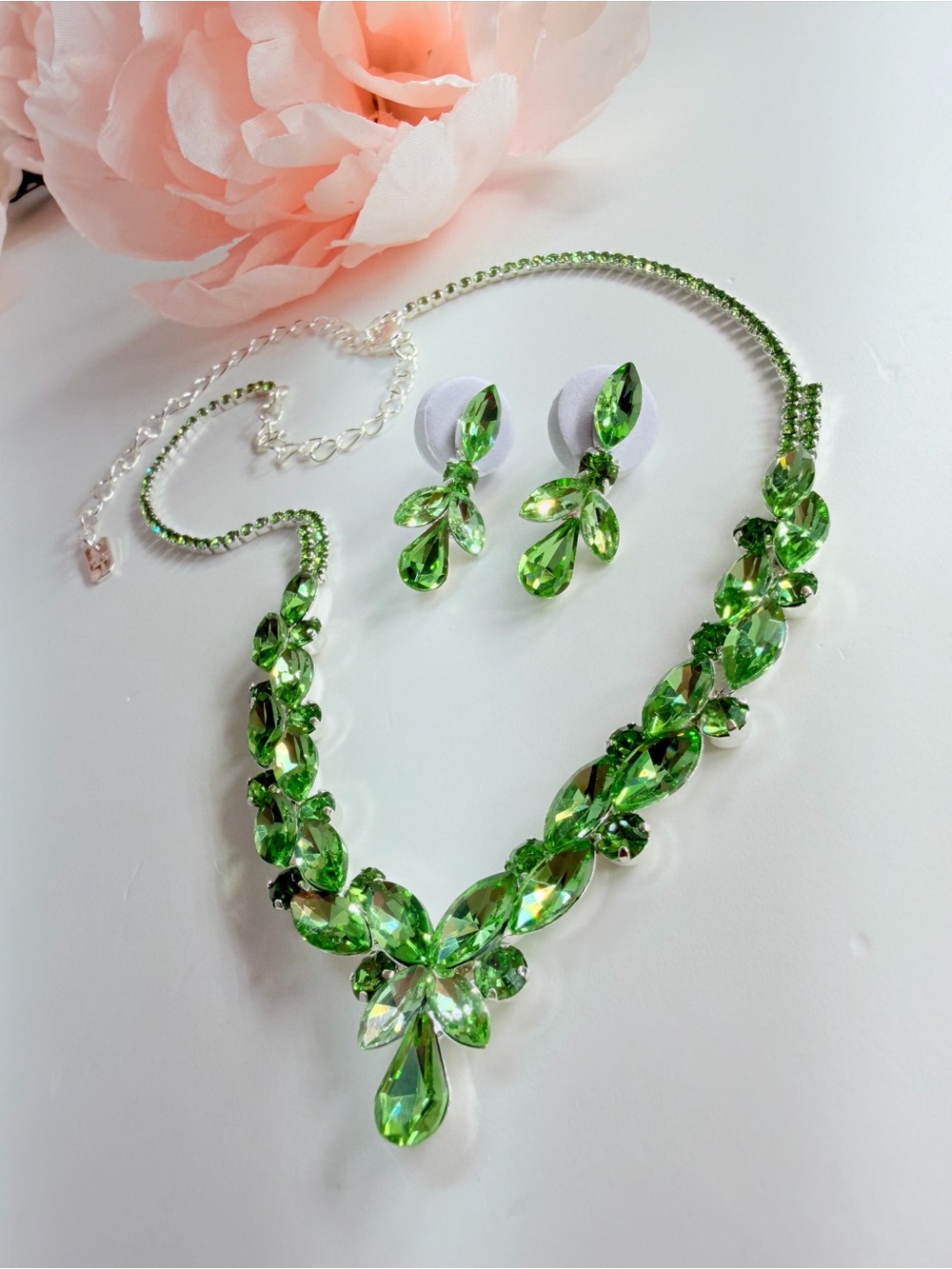Green Crystal Teardrop Necklace and Earring Set